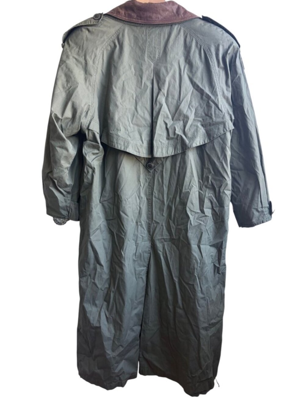 Vintage J Gallery Olive Green Long Trench Coat with Brown Leather Collar Size 12 - Picture 8 of 12
